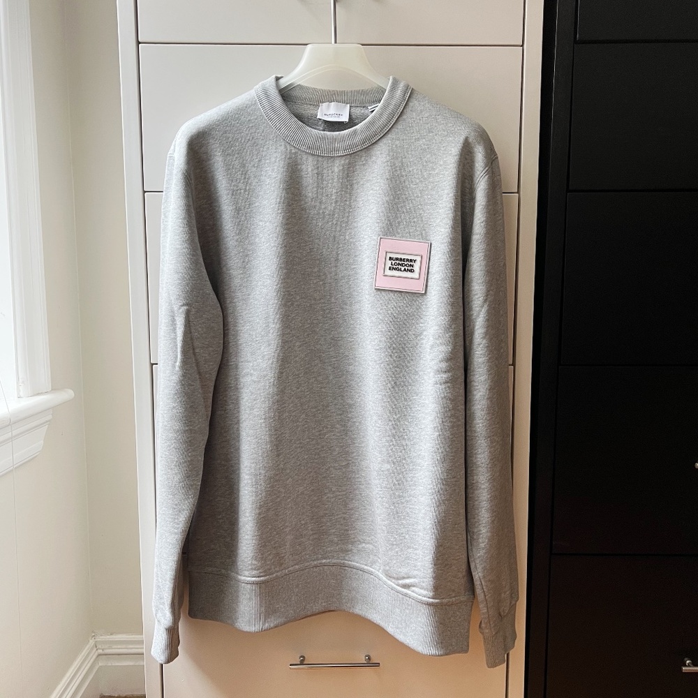 Burberry Gray Crewneck Sweater with Pink Logo Patch